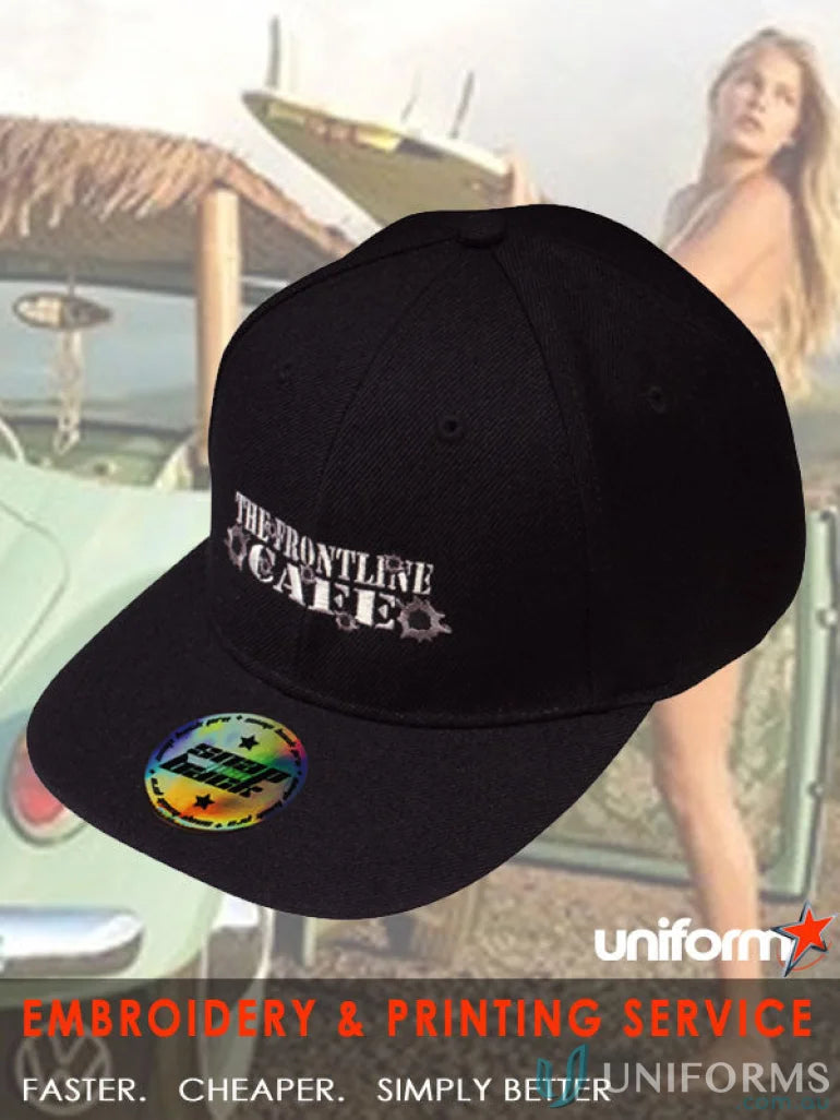 Black Black American Twill snap back cap perfect for uniforms and workwear