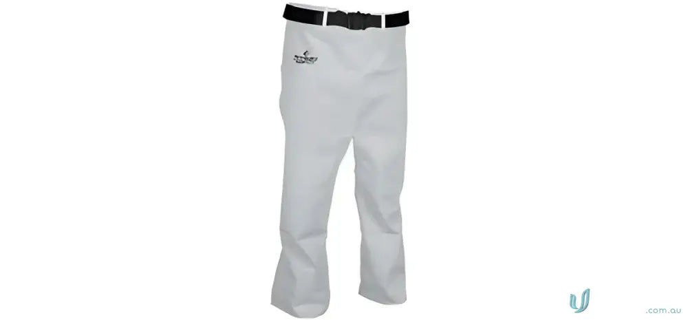 White martial arts pants with black belt in heavy duty Arcguard Leather Welding Trousers workwear