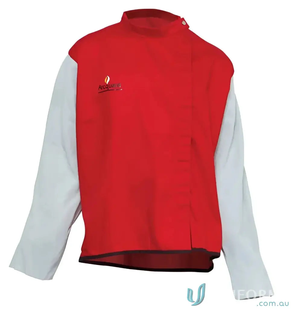 Red and gray Arcguard welding jacket with leather sleeves for welding protection