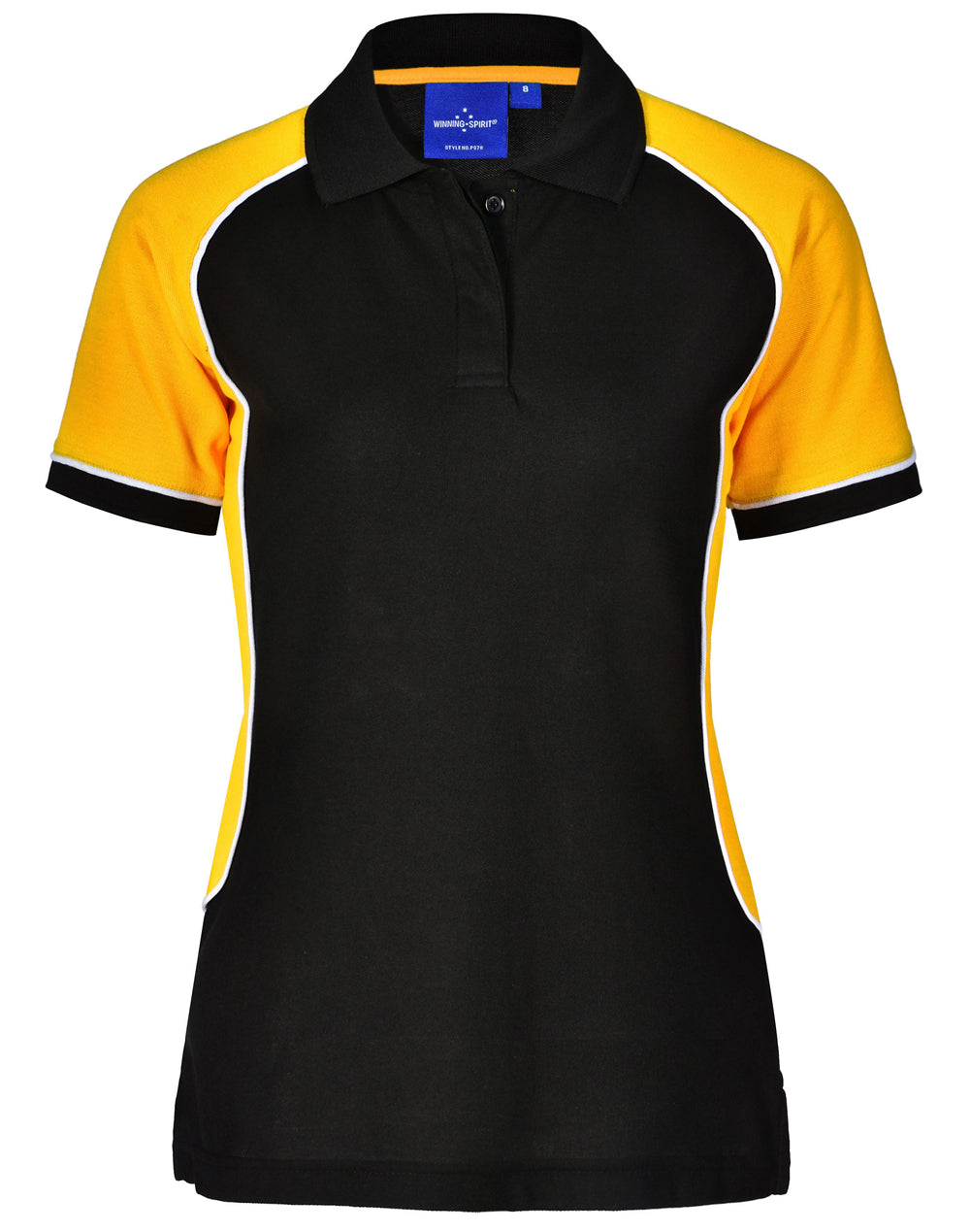 Black and gold Arena Polo tri-colour short sleeve with contrast stitching and brand logo