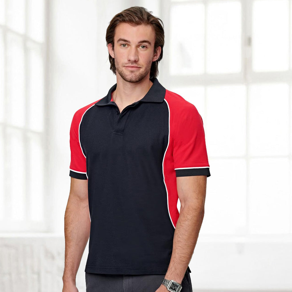 Red and navy tri-colour short sleeve Arena Polo with white piping and truedry® tech