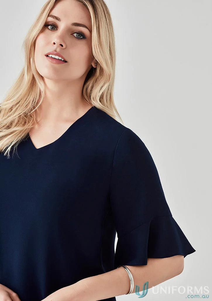 Navy V-neck blouse with fluted sleeves from Collection Aria Fluted, perfect fluted sleeve blouse for work