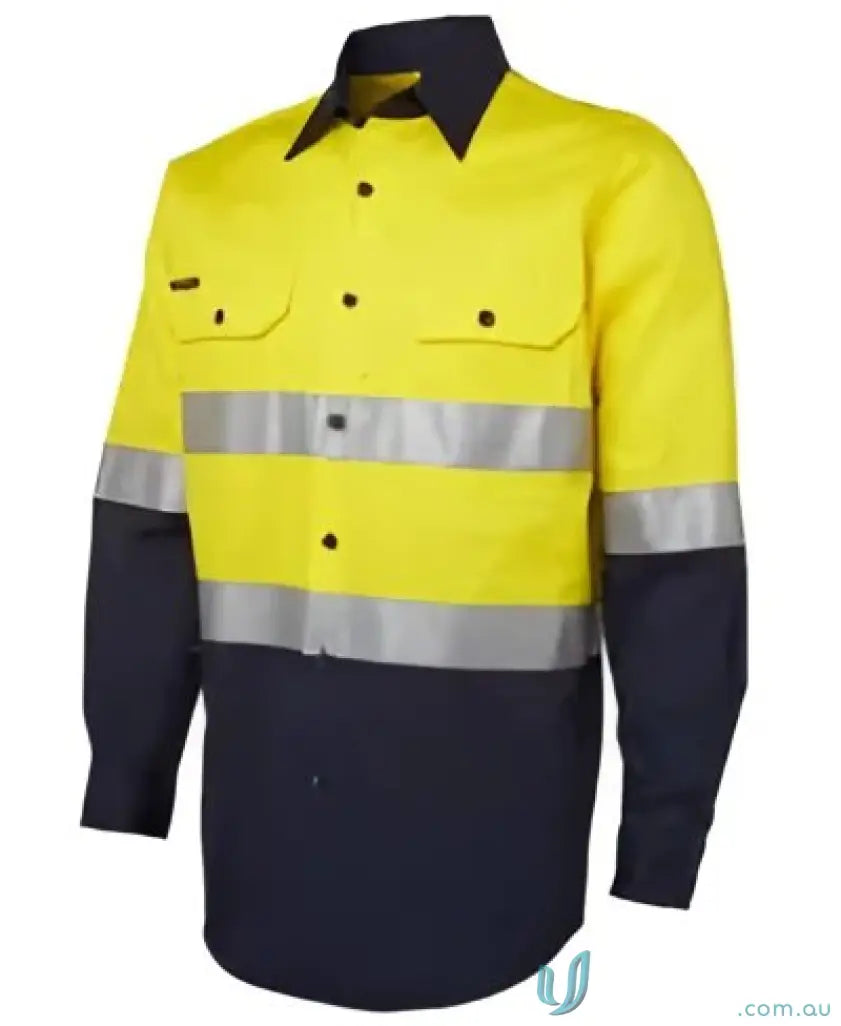 Yellow and navy blue high-visibility work shirt with reflective stripes for uniforms