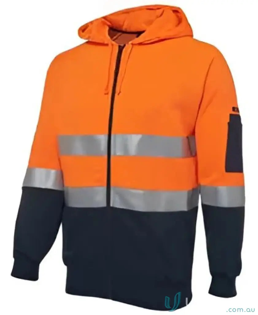 Orange and navy blue workwear hoodie with reflective stripes and zip front for work uniforms