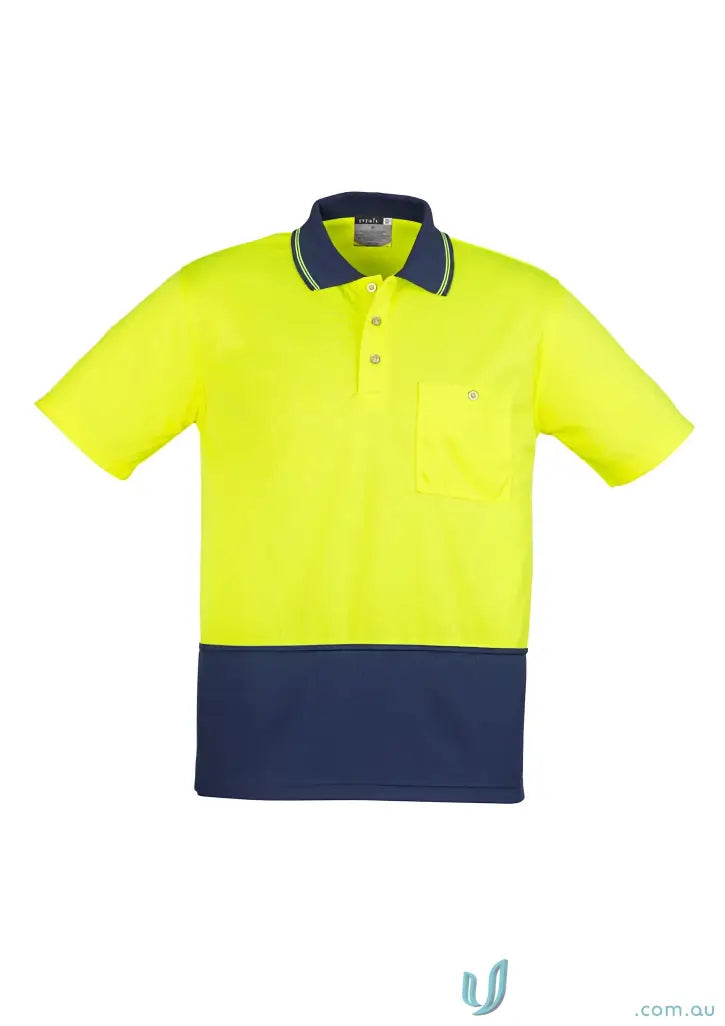 Arjo EMB Safety S/S Polo shirt, a two-tone fluorescent yellow and navy work uniform