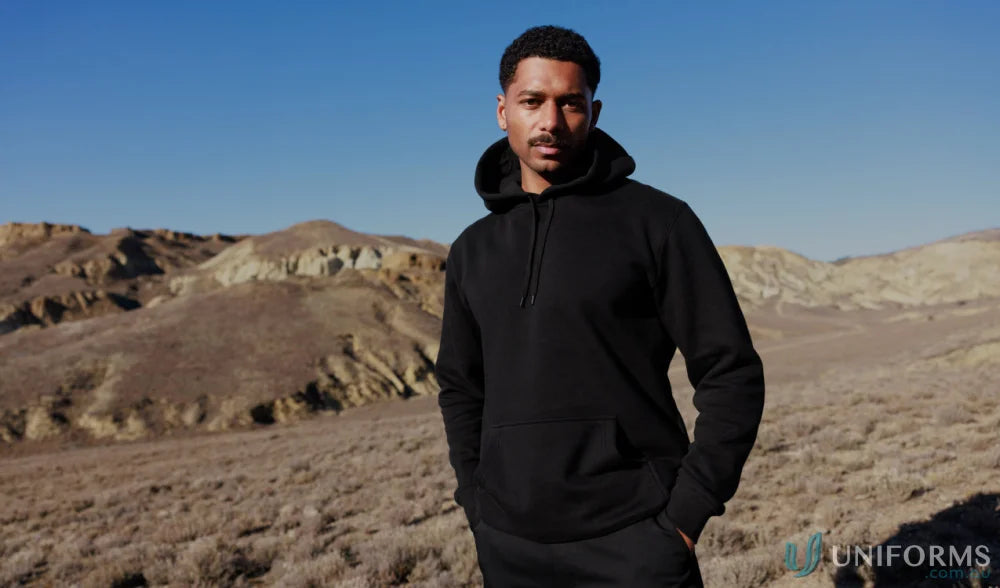 Black hooded sweatshirt from AS Adult Stencil Hoodie, perfect for stencil hood uniforms or workwear