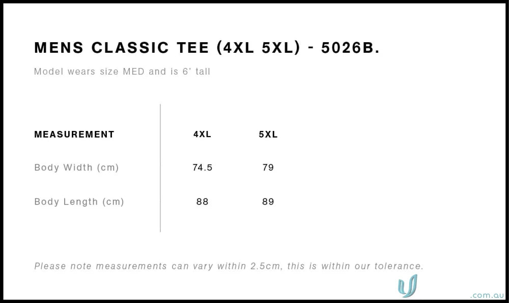 Size chart for AS Classic Big Tee showing workwear and uniforms sizing info