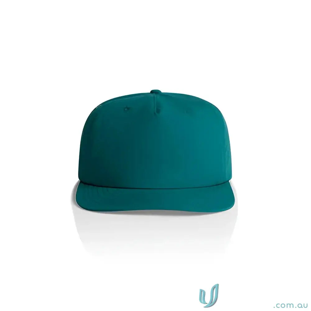 Teal-green recycled nylon surf cap with flat brim and plastic snapback for versatile wear