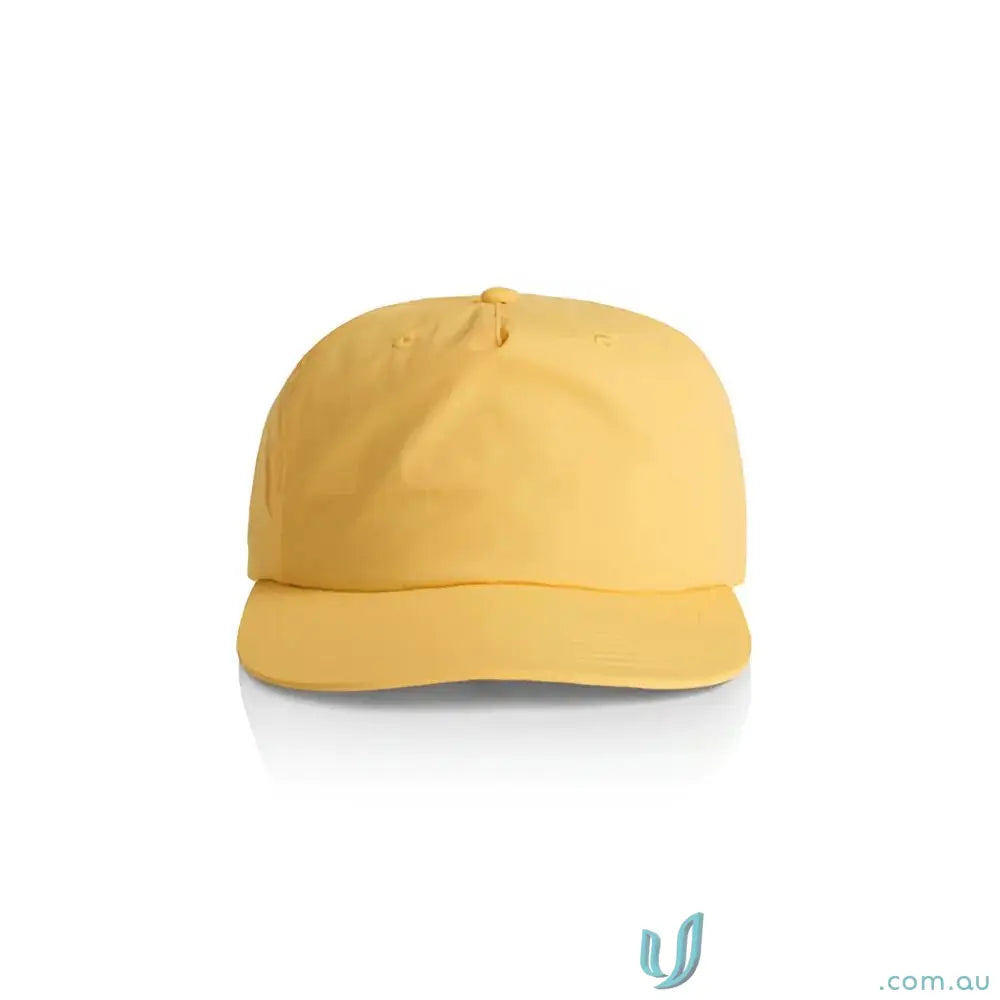 Yellow recycled nylon surf cap with soft crown and curved brim, plastic snapback