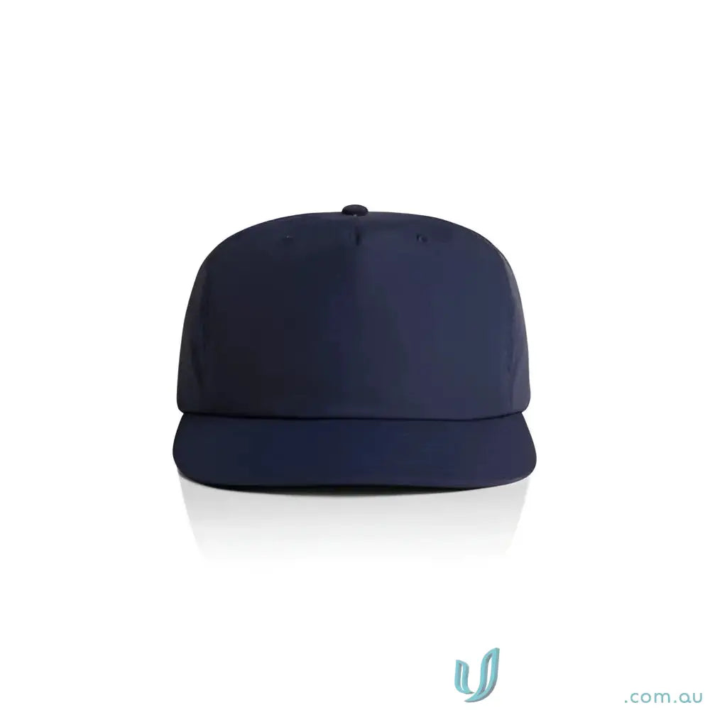 Dark blue recycled nylon surf cap with a flat brim and plastic snapback