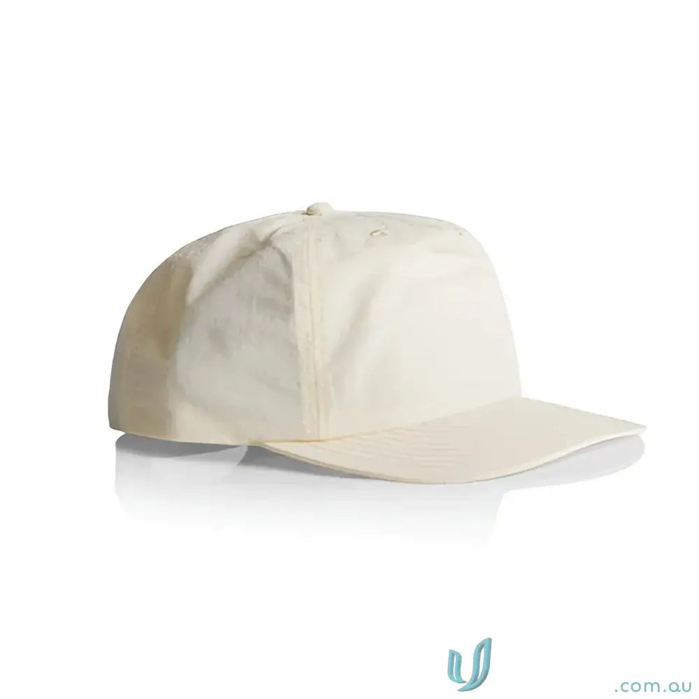 Light beige surf cap with flat brim made from recycled nylon and plastic snapback