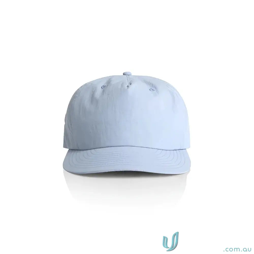 Light blue recycled nylon surf cap with a curved brim and plastic snapback