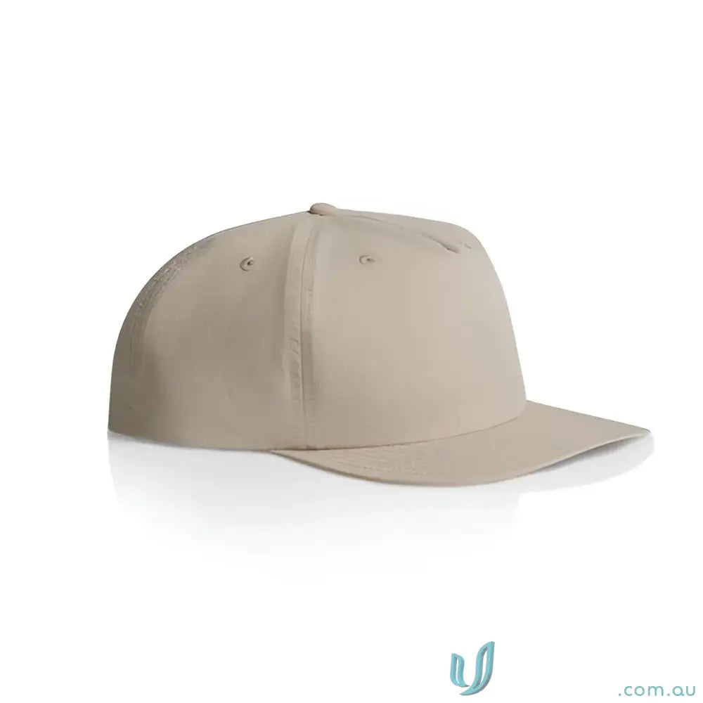 Beige recycled nylon surf cap with flat brim and plastic snapback for versatile style