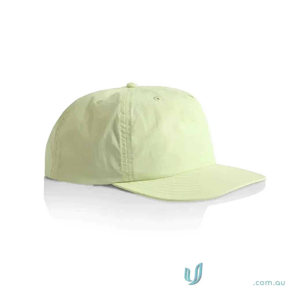 Light green recycled nylon surf cap with flat brim and plastic snapback for versatile wear