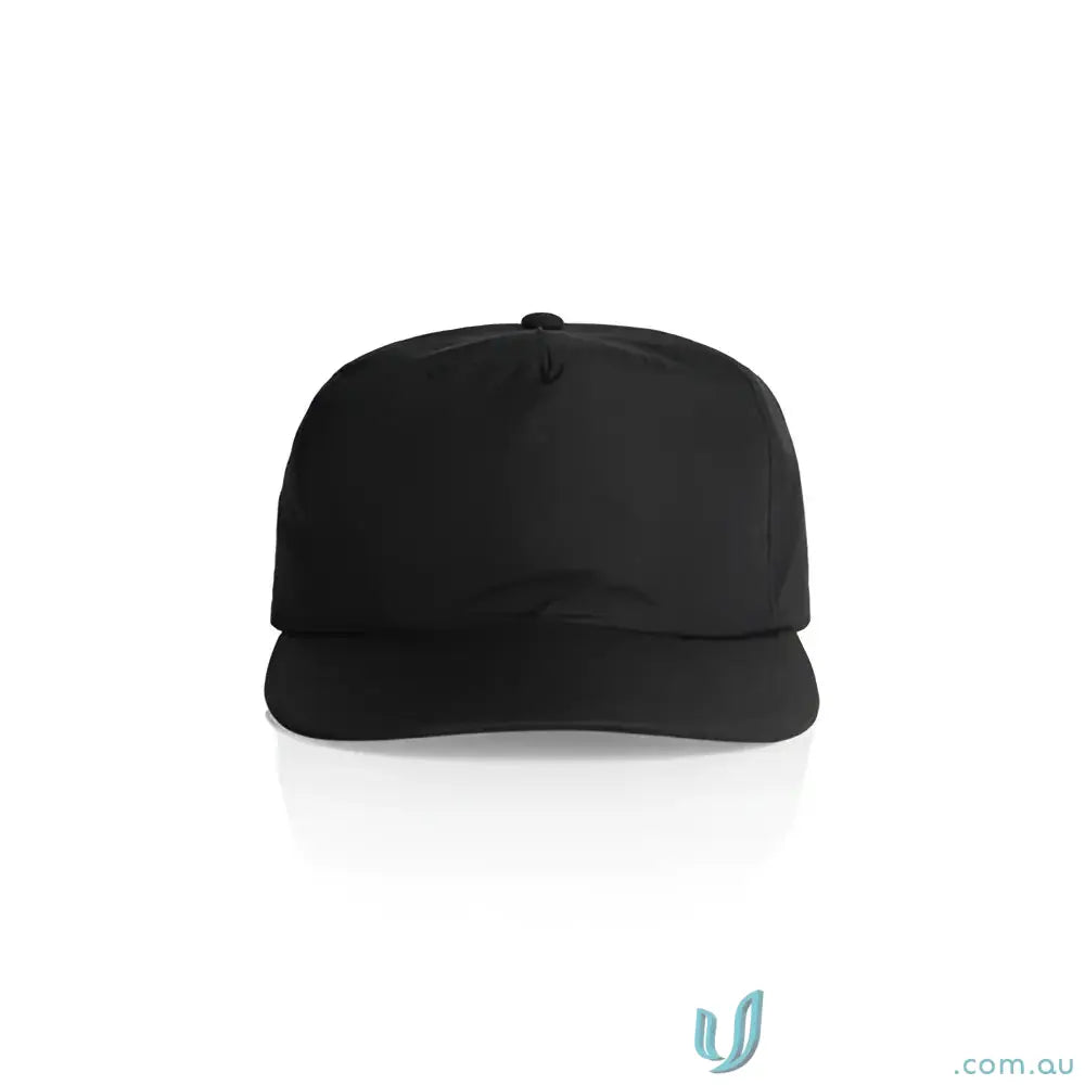 Solid black recycled nylon surf cap with flat brim and plastic snapback for versatile wear