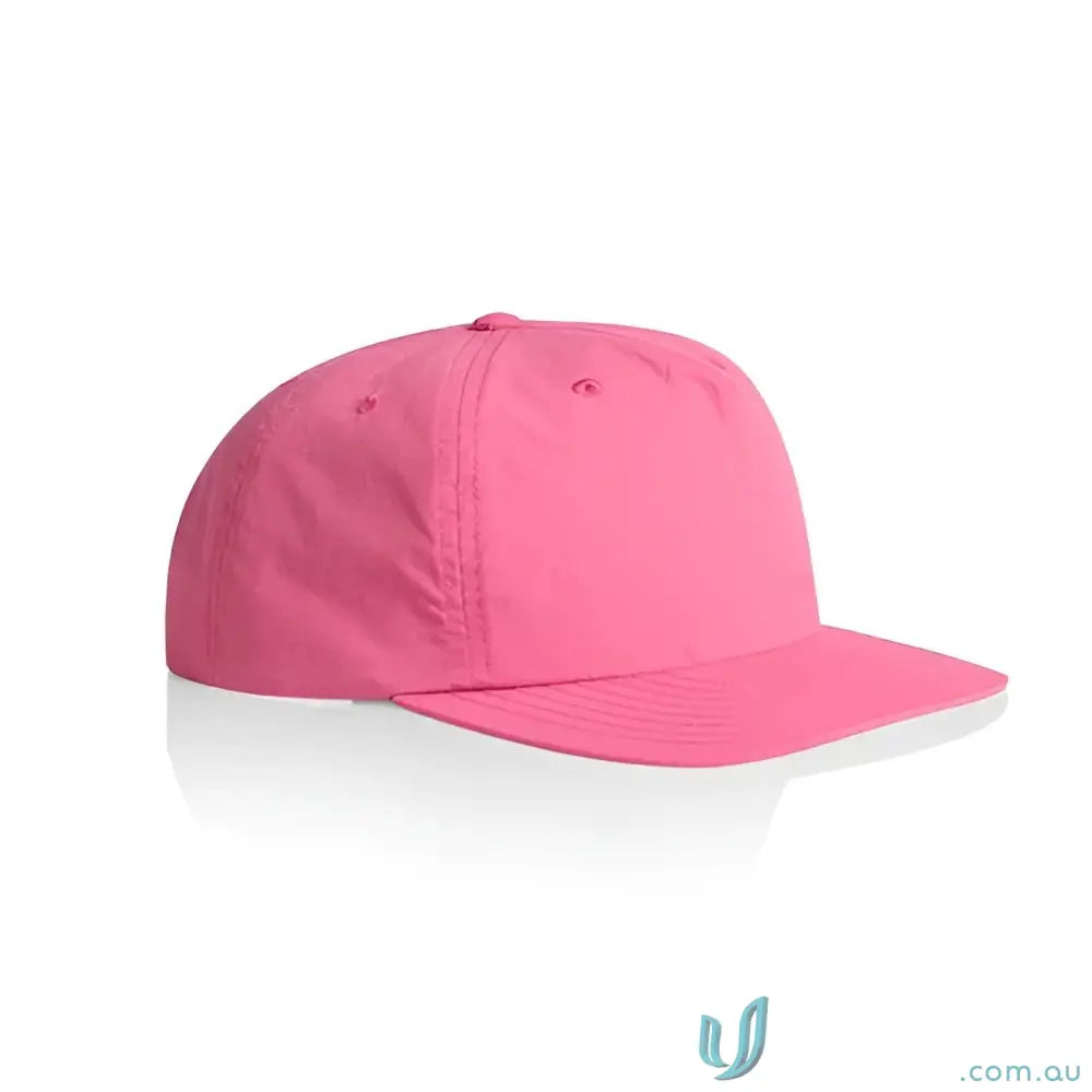 Bright pink recycled nylon surf cap with flat brim and plastic snapback style