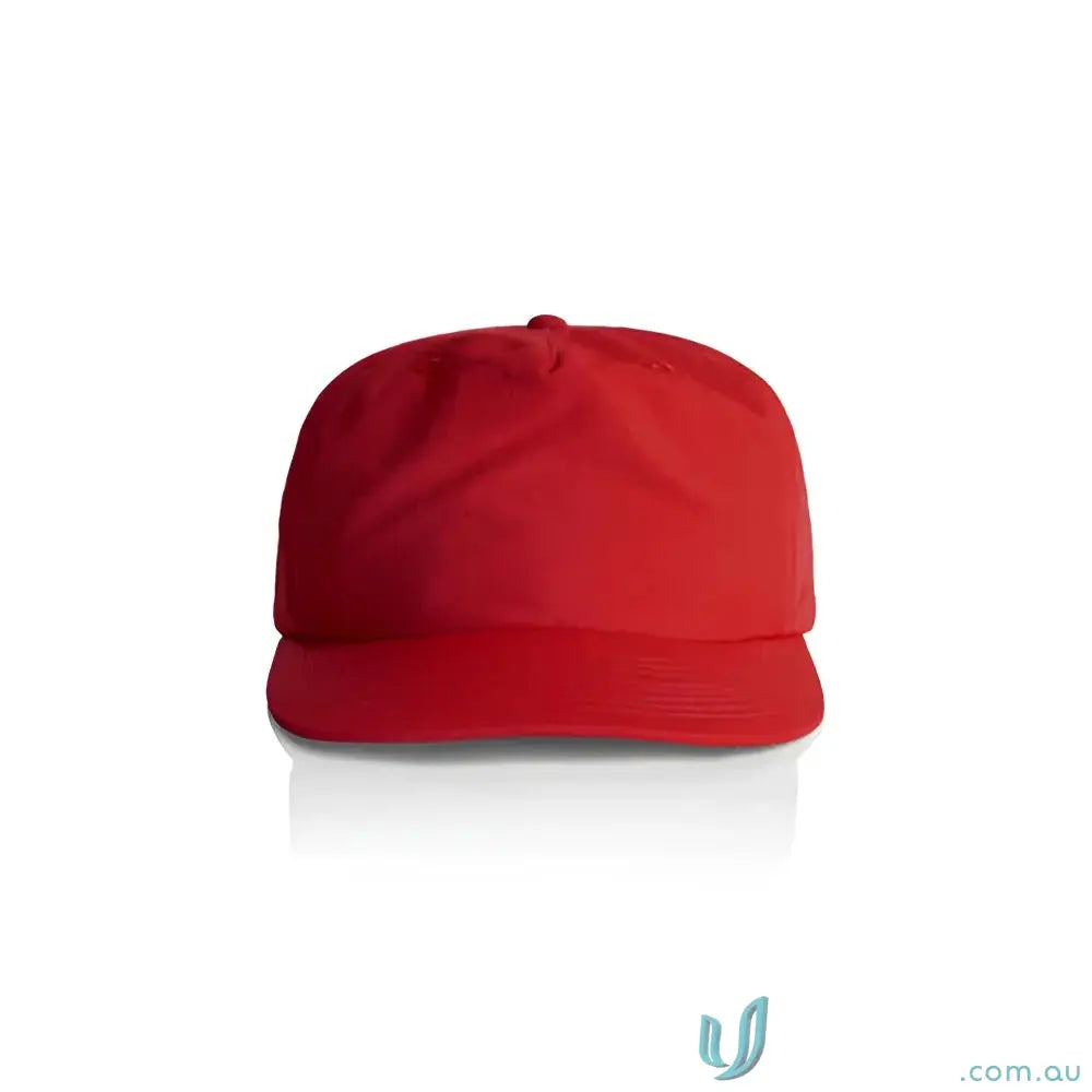 Red surf cap with flat brim made from recycled nylon plastic snapback for versatile wear