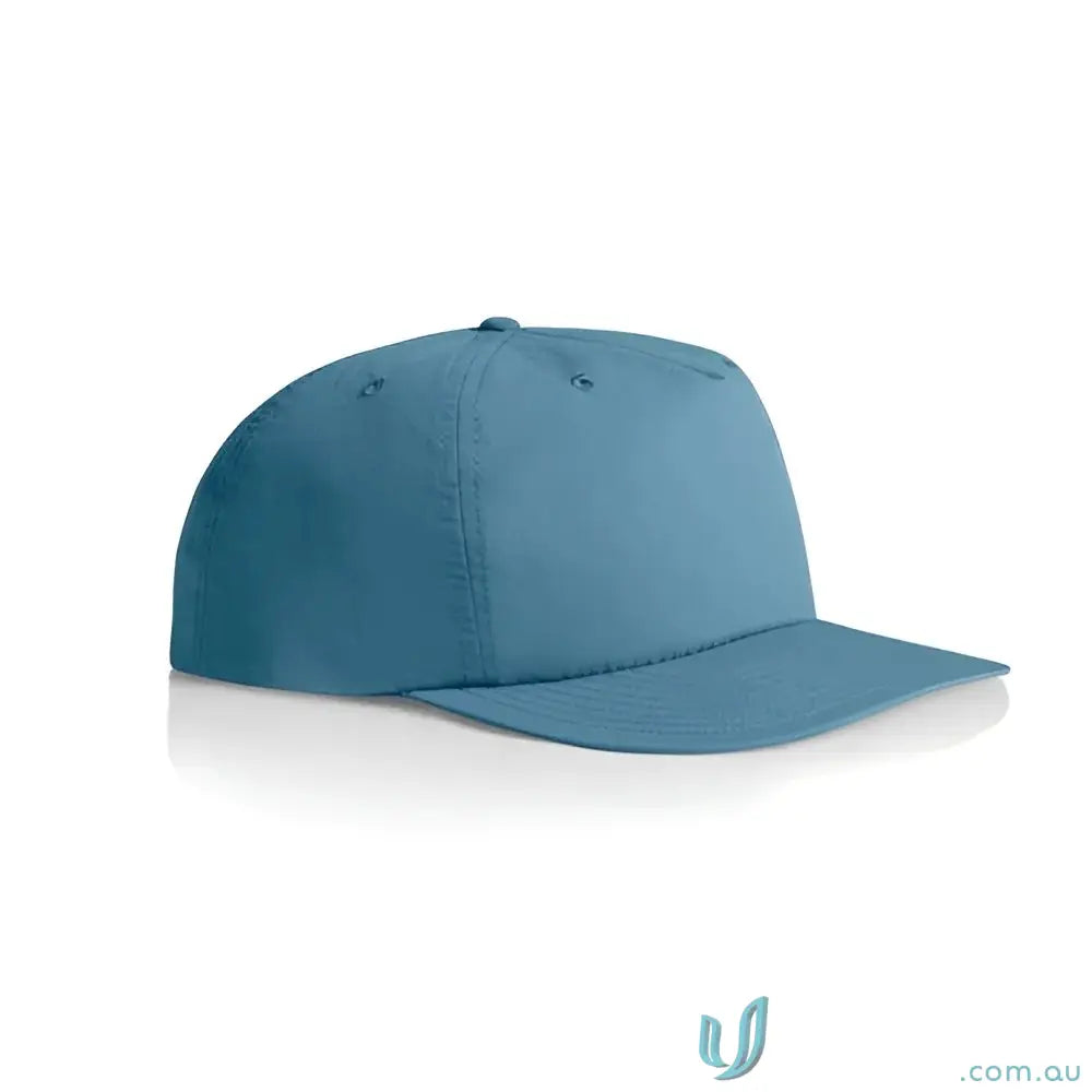 Light blue recycled nylon surf cap with flat brim and plastic snapback for versatile style