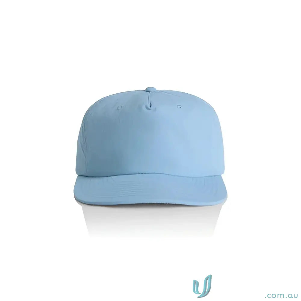 Light blue recycled nylon surf cap with flat brim and plastic snapback for versatile wear