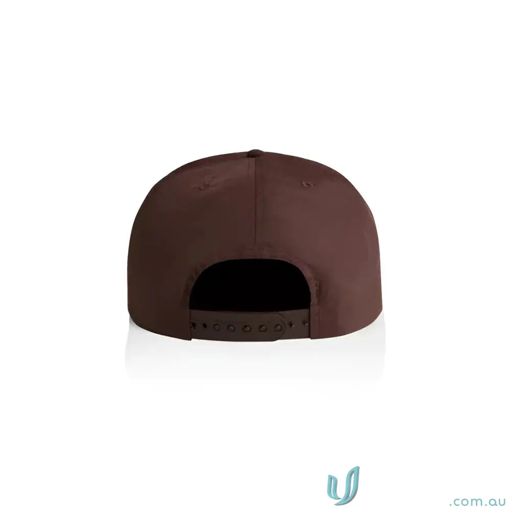 Plain brown recycled nylon surf cap with plastic snapback and adjustable closure