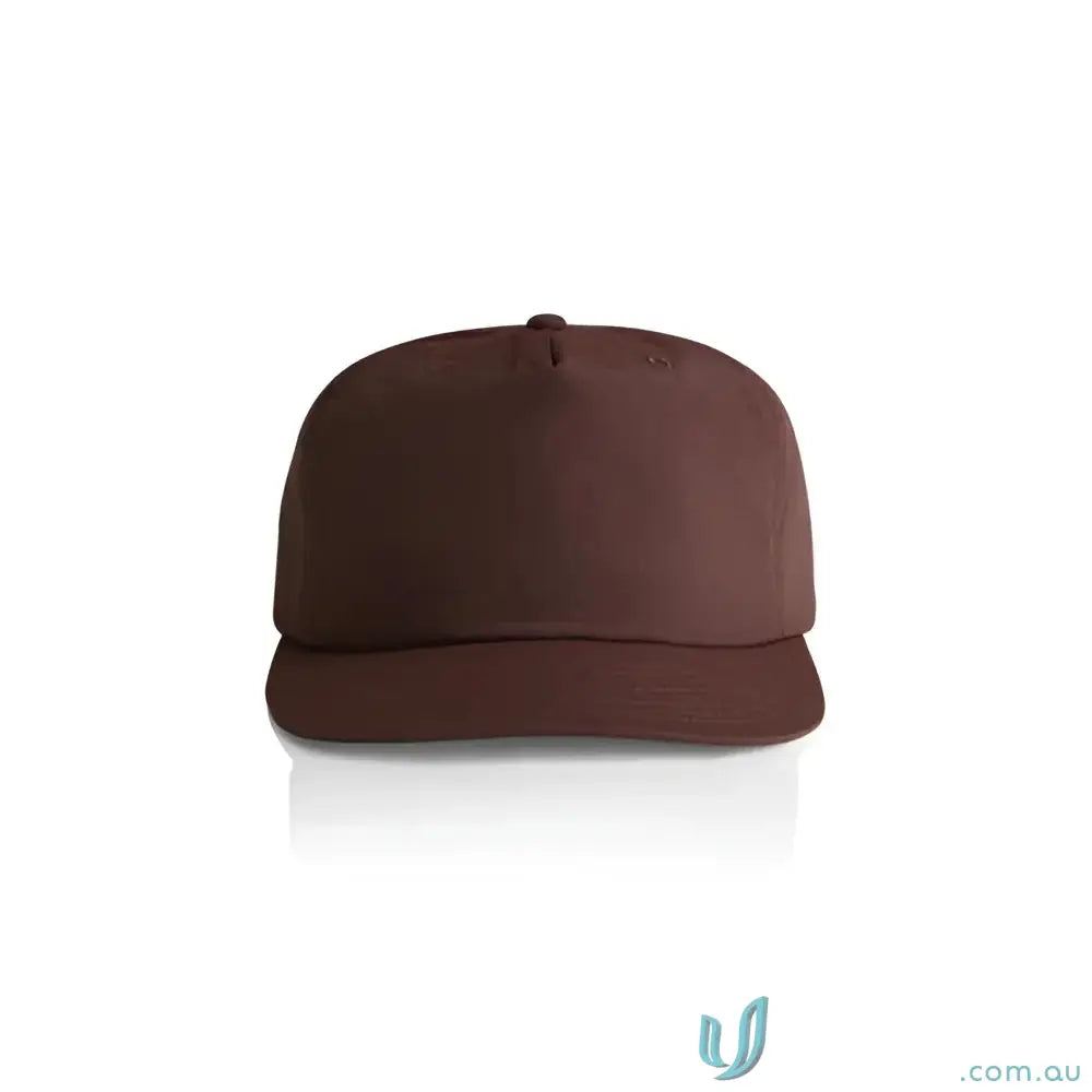 Plain brown recycled nylon surf cap with flat brim and plastic snapback for versatile wear