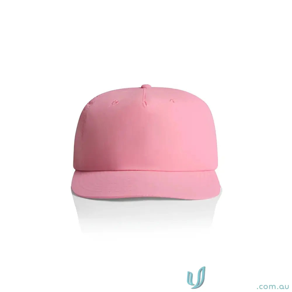 Pink recycled nylon surf cap with flat brim and plastic snapback for versatile style