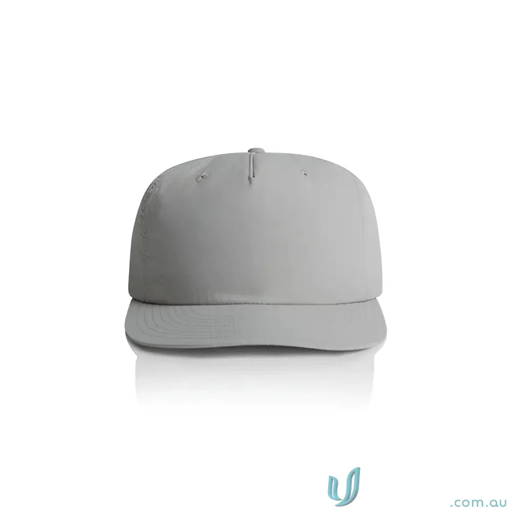 Light gray recycled nylon surf cap with flat brim and plastic snapback for versatile style