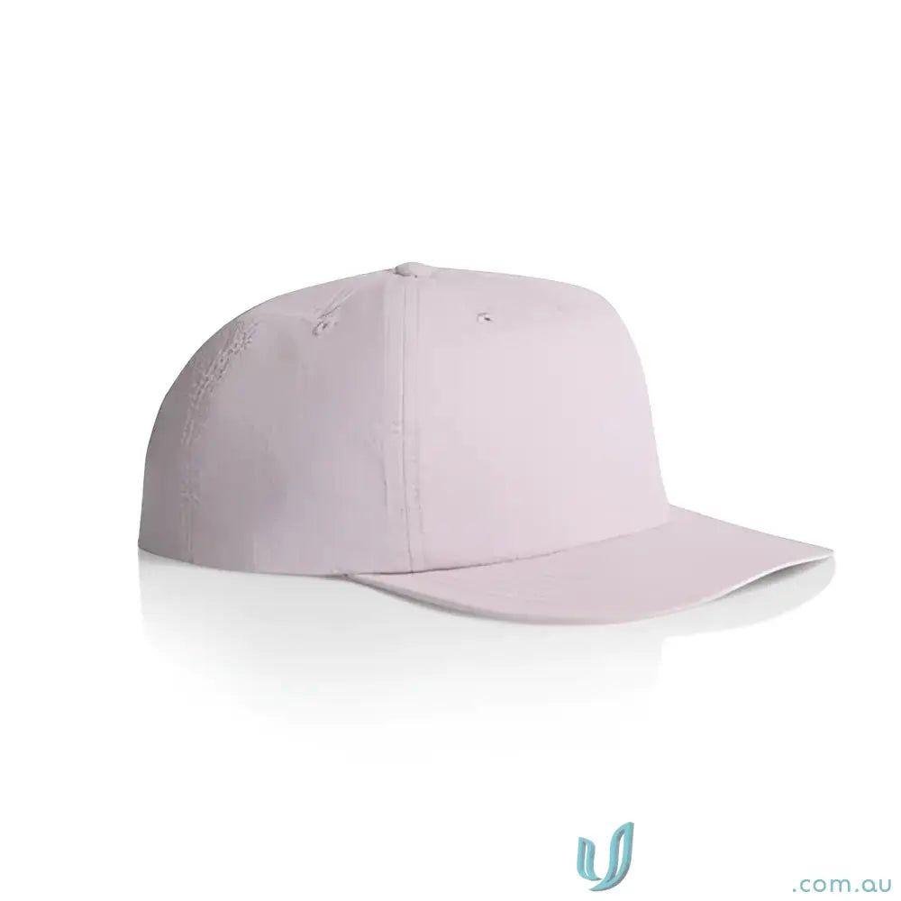Light pink recycled nylon surf cap with flat brim and plastic snapback for versatile wear