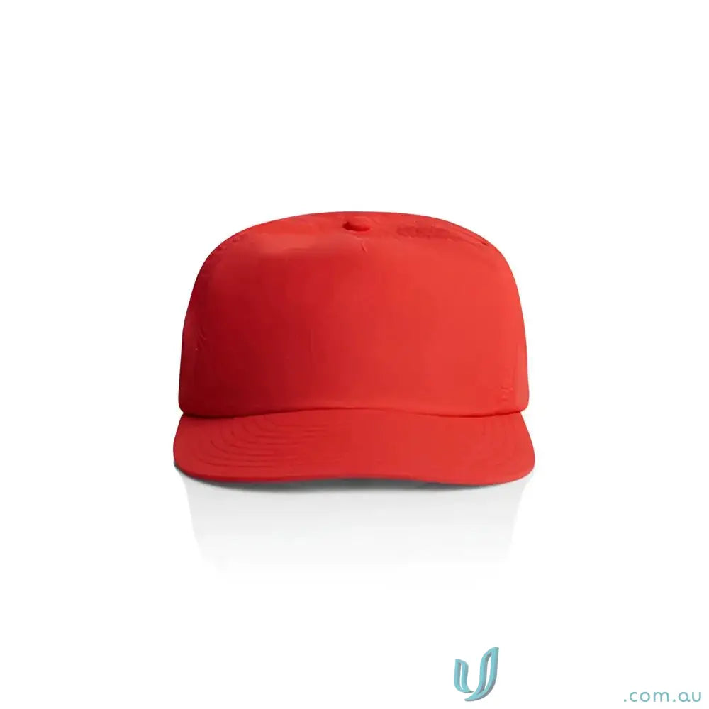 Vibrant red surf cap made of recycled nylon with plastic snapback for versatile wear