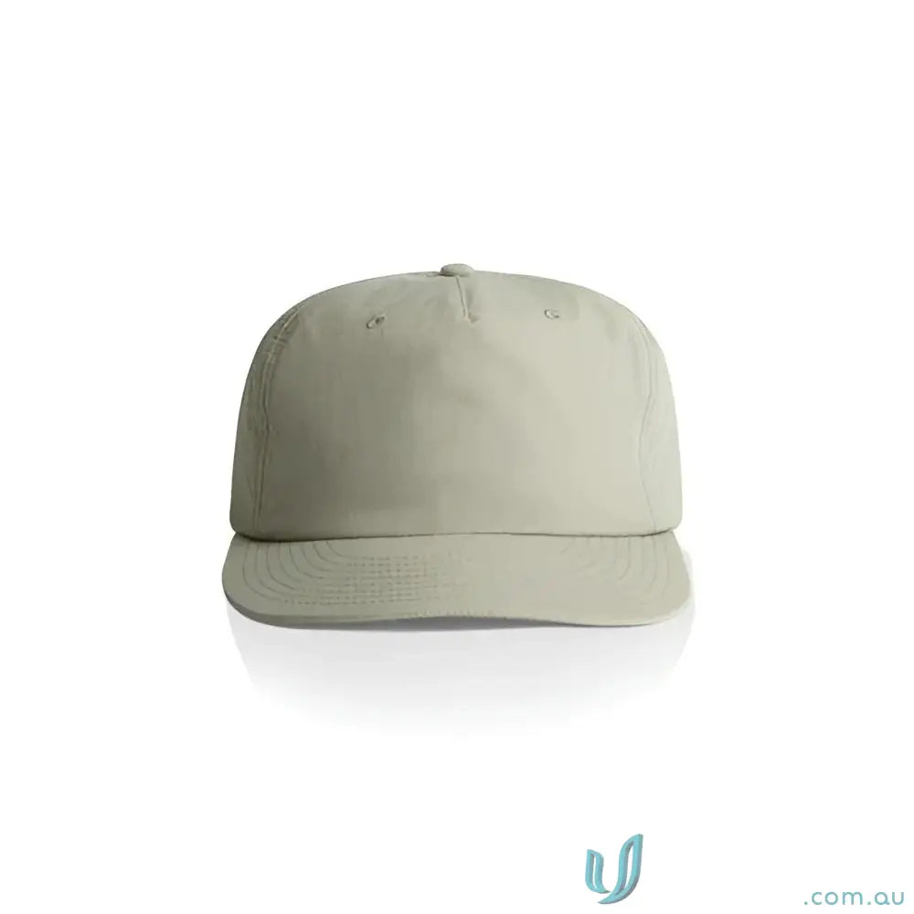 Light olive green recycled nylon surf cap with flat brim and plastic snapback