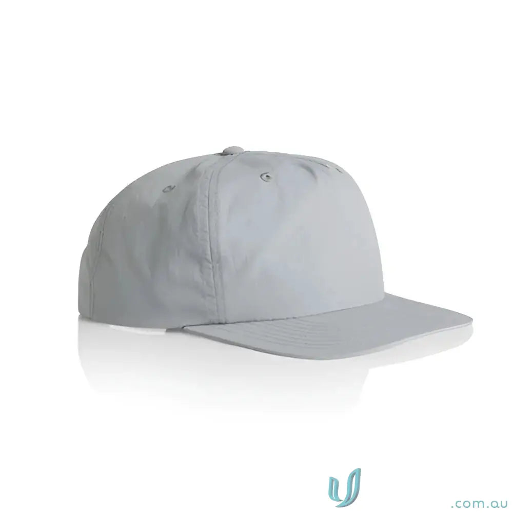 Light grey recycled nylon surf cap with flat brim and plastic snapback for casual style