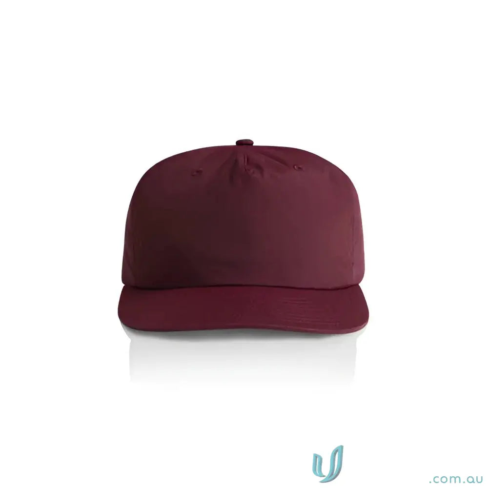 Maroon surf cap made of recycled nylon with a flat brim and plastic snapback