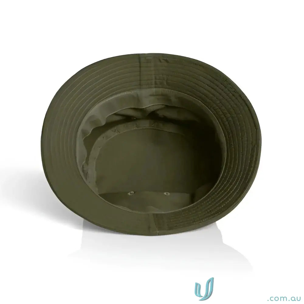 Olive green bucket hat with reinforced brim, smooth crown, lightweight cotton style