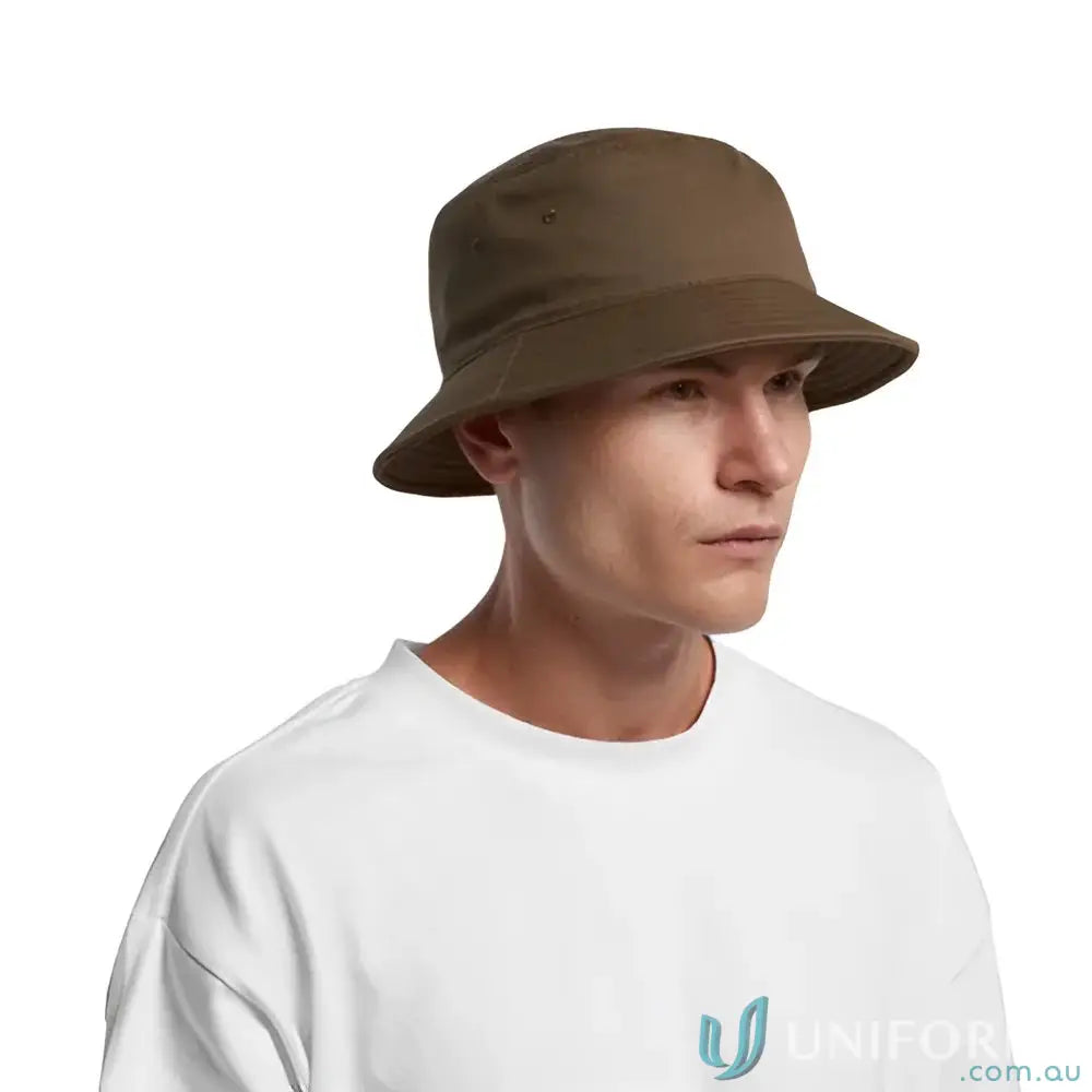 Man wearing AS Colour 1117 lightweight cotton bucket hat with reinforced brim