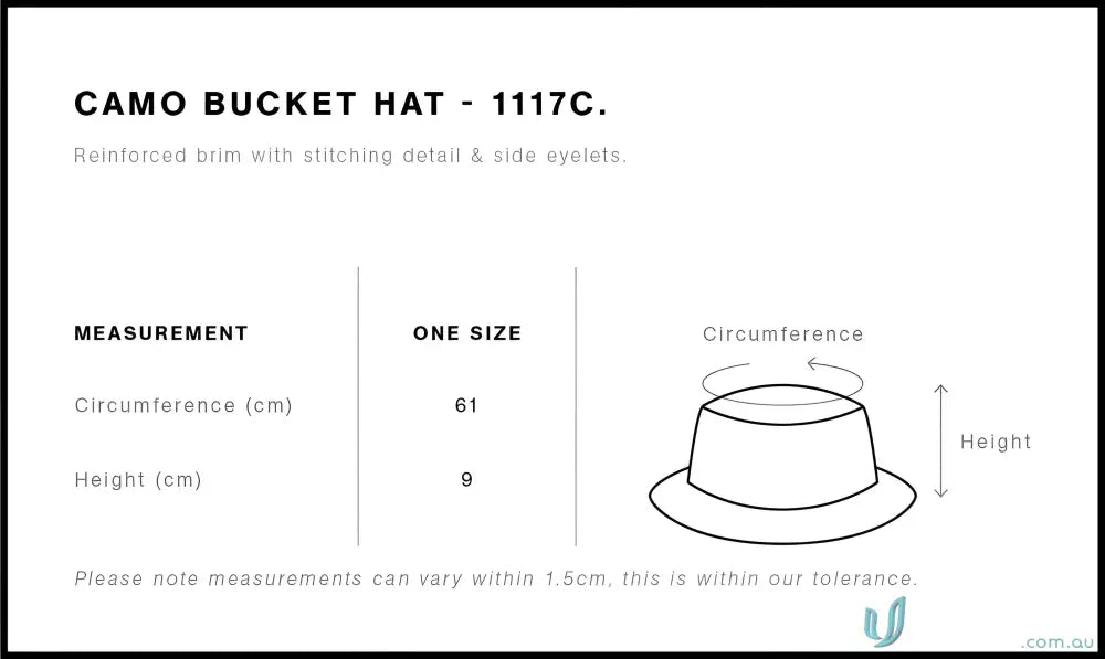 Product specs for AS Colour 1117 Camo Bucket Hat with reinforced brim and measurements