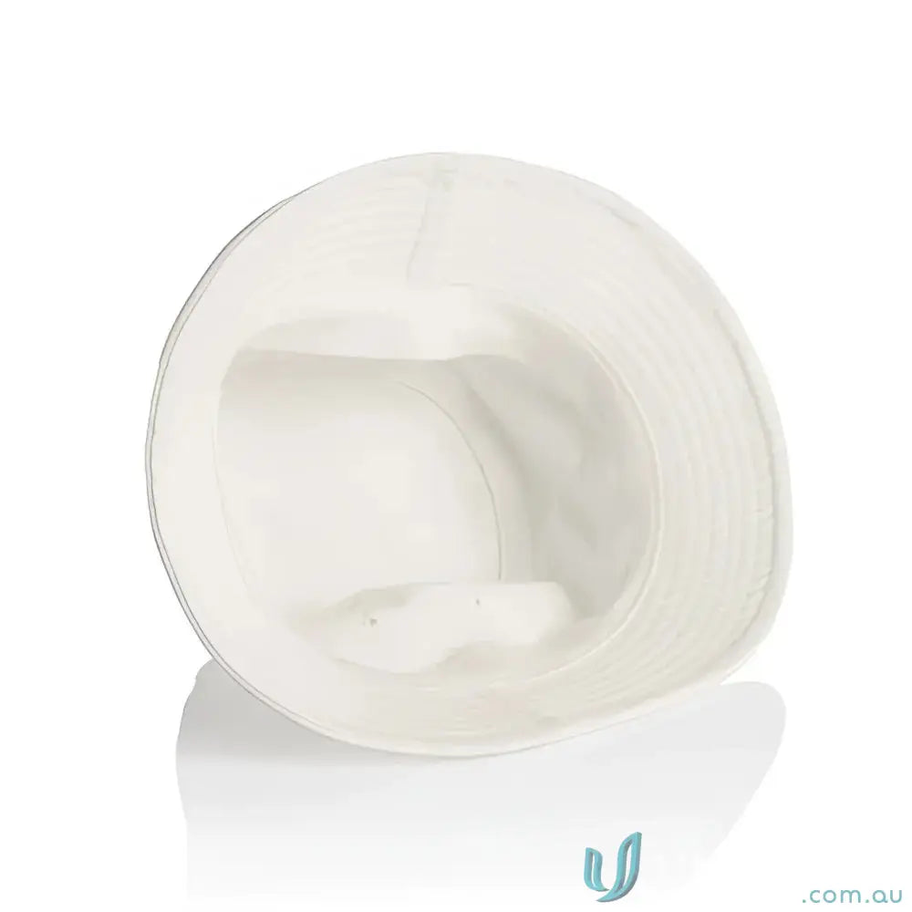 White cotton bucket hat with reinforced brim, lightweight mid-weight design