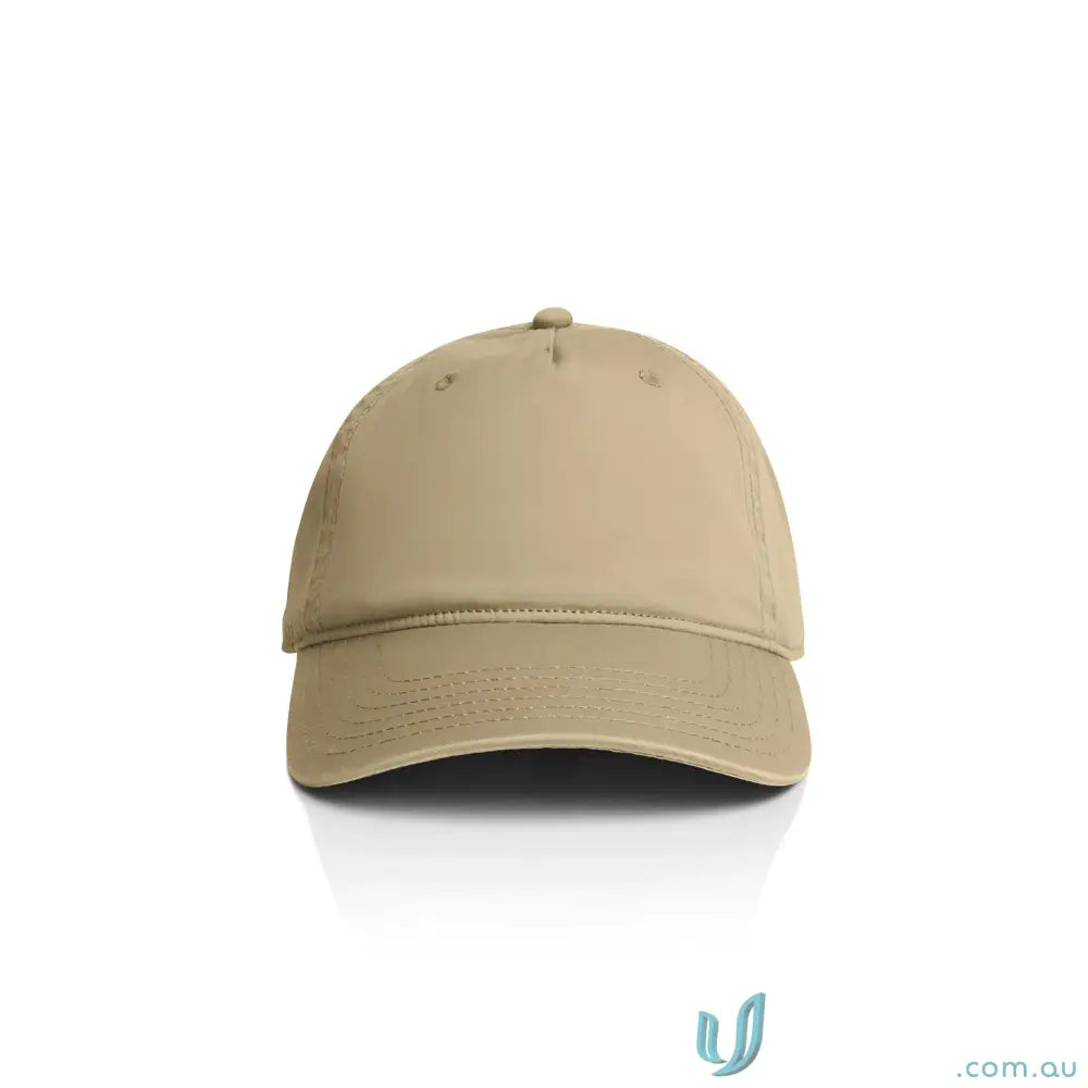 Tan baseball cap with curved peak and adjustable metal clasp fastener