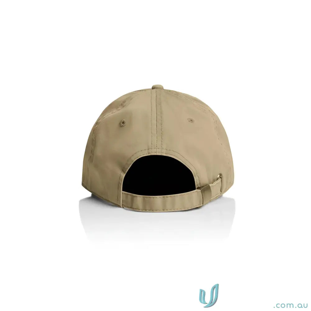 Khaki baseball cap with curved peak and adjustable metal clasp fastener