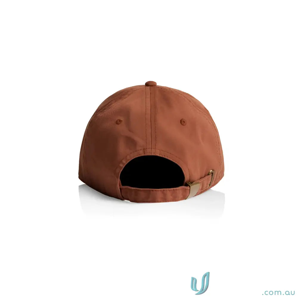 Rust-colored baseball cap with curved peak and adjustable metal clasp fastener