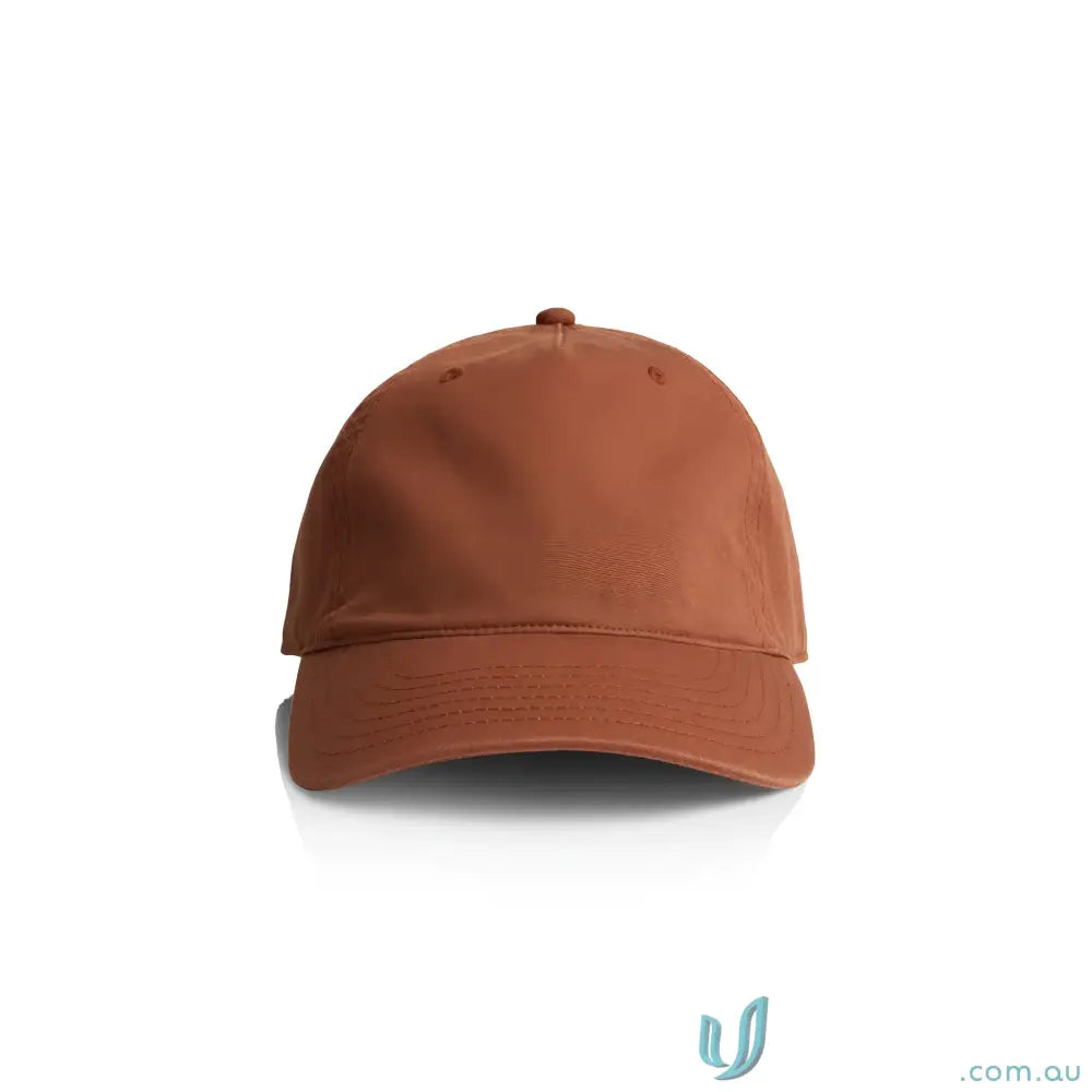 Plain brown baseball cap with curved peak and adjustable metal clasp fastener