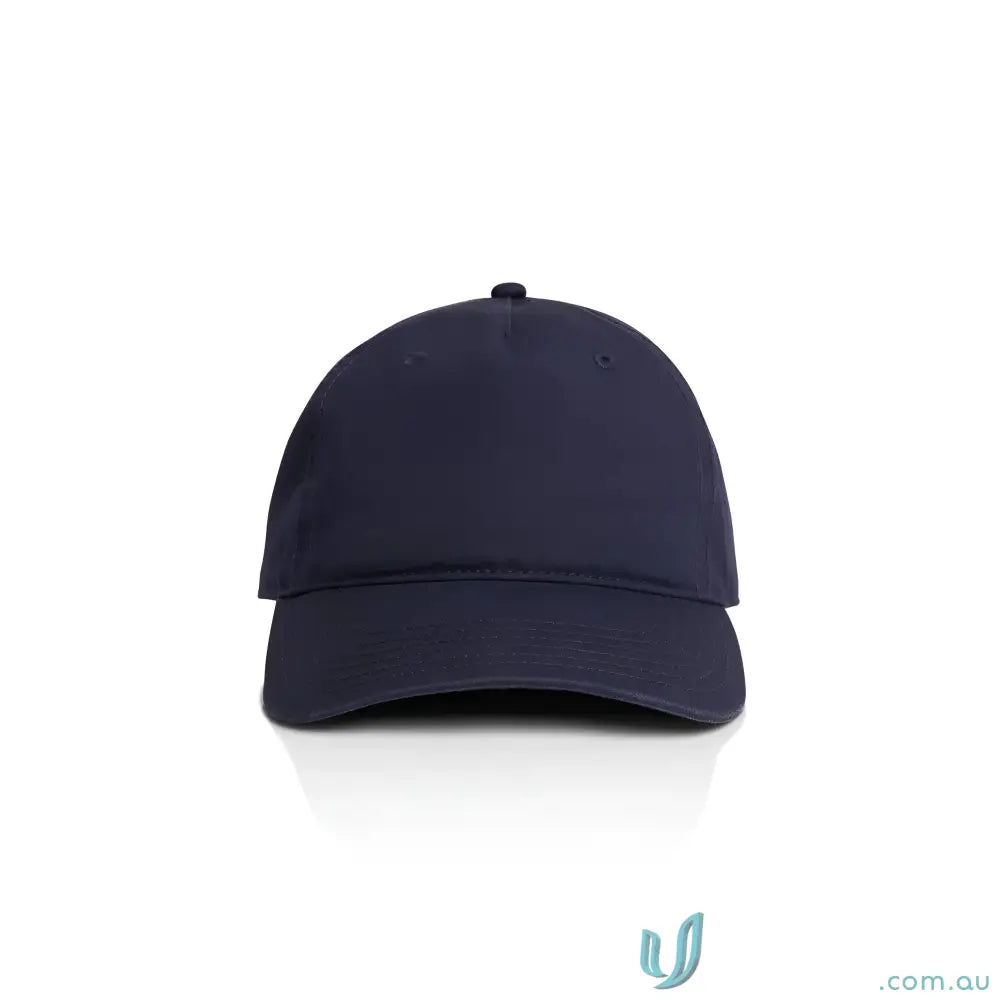 Plain navy blue baseball cap with curved peak and adjustable metal clasp fastener