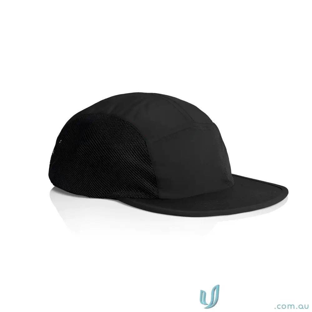 Black Active Finn Cap with mesh sides and flat brim made from recycled nylon