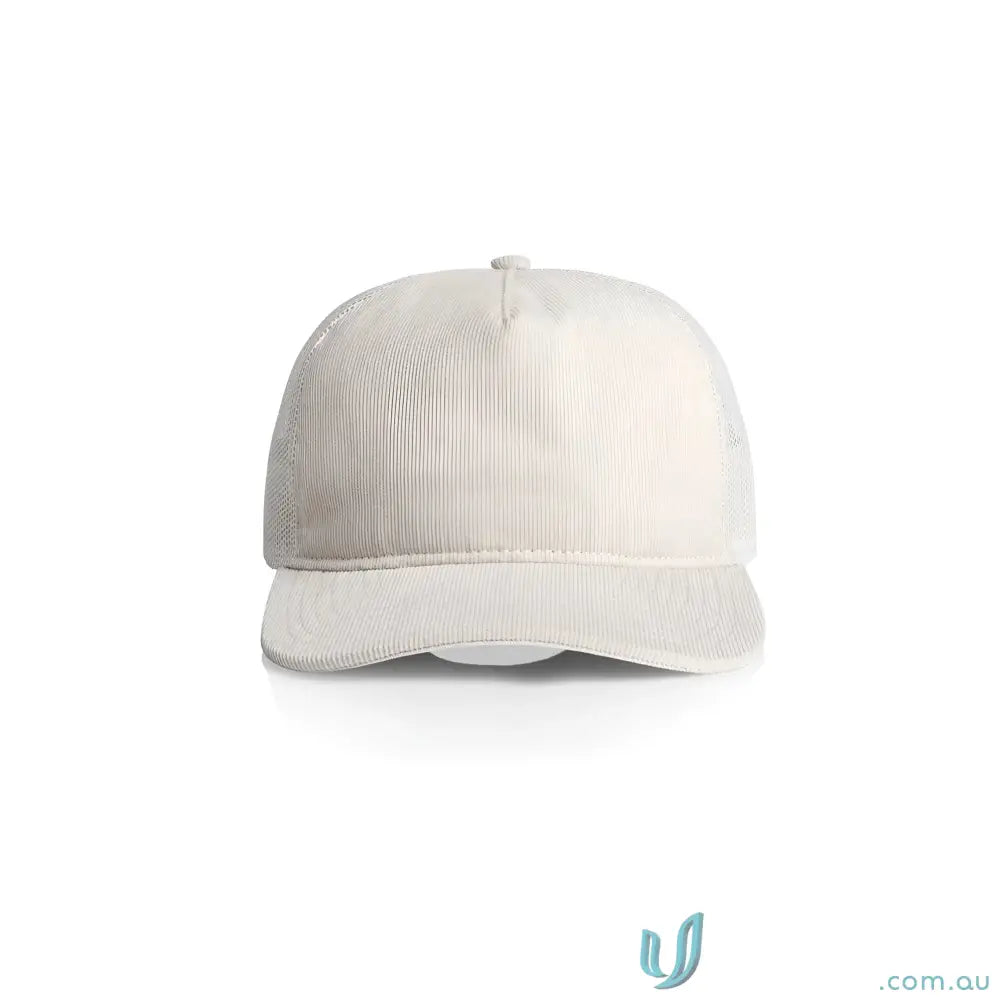 Cream-colored cotton 16-wale partridge cord trucker cap with flat peak and mesh back