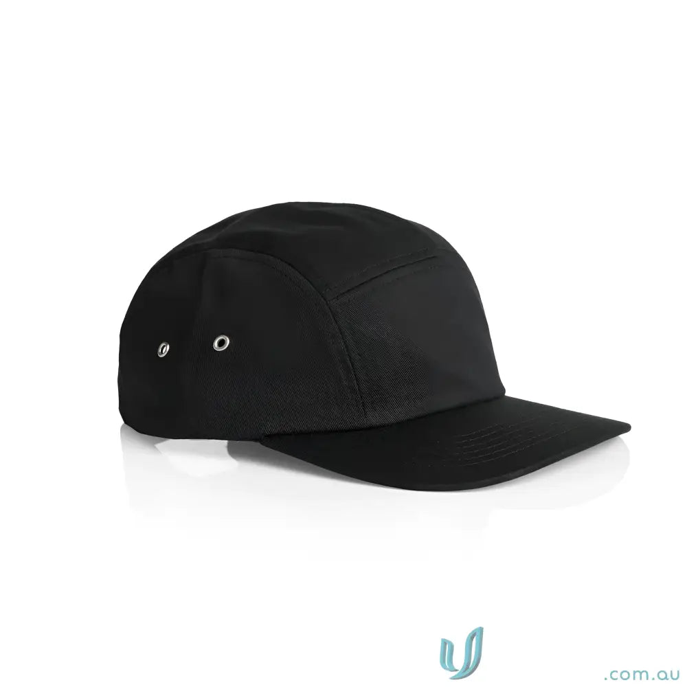 Black Finn Five Panel Cap with flat brim, metal eyelets, and durable 100% cotton