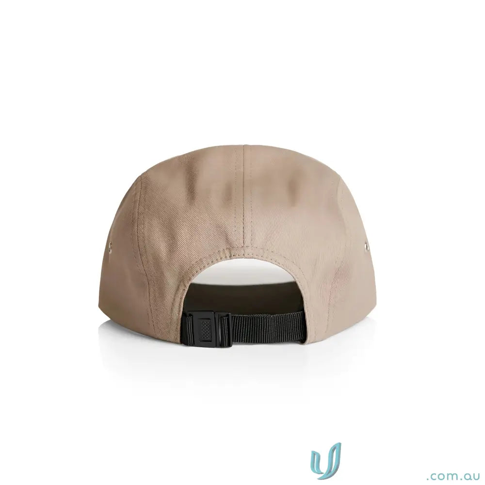 Tan Finn Five Panel Cap with adjustable black strap, durable 100% cotton style