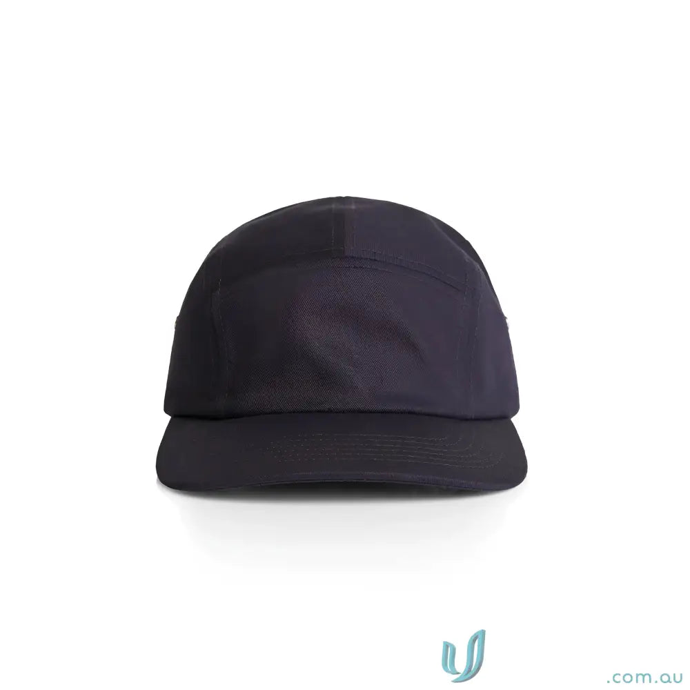 Plain navy blue Finn Five Panel Cap with flat brim, durable 100% cotton material