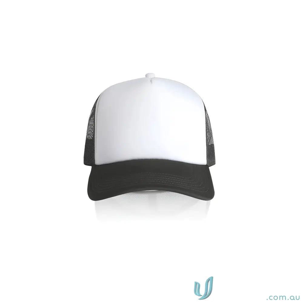 White and black trucker cap with curved peak and recycled polyester mesh for style