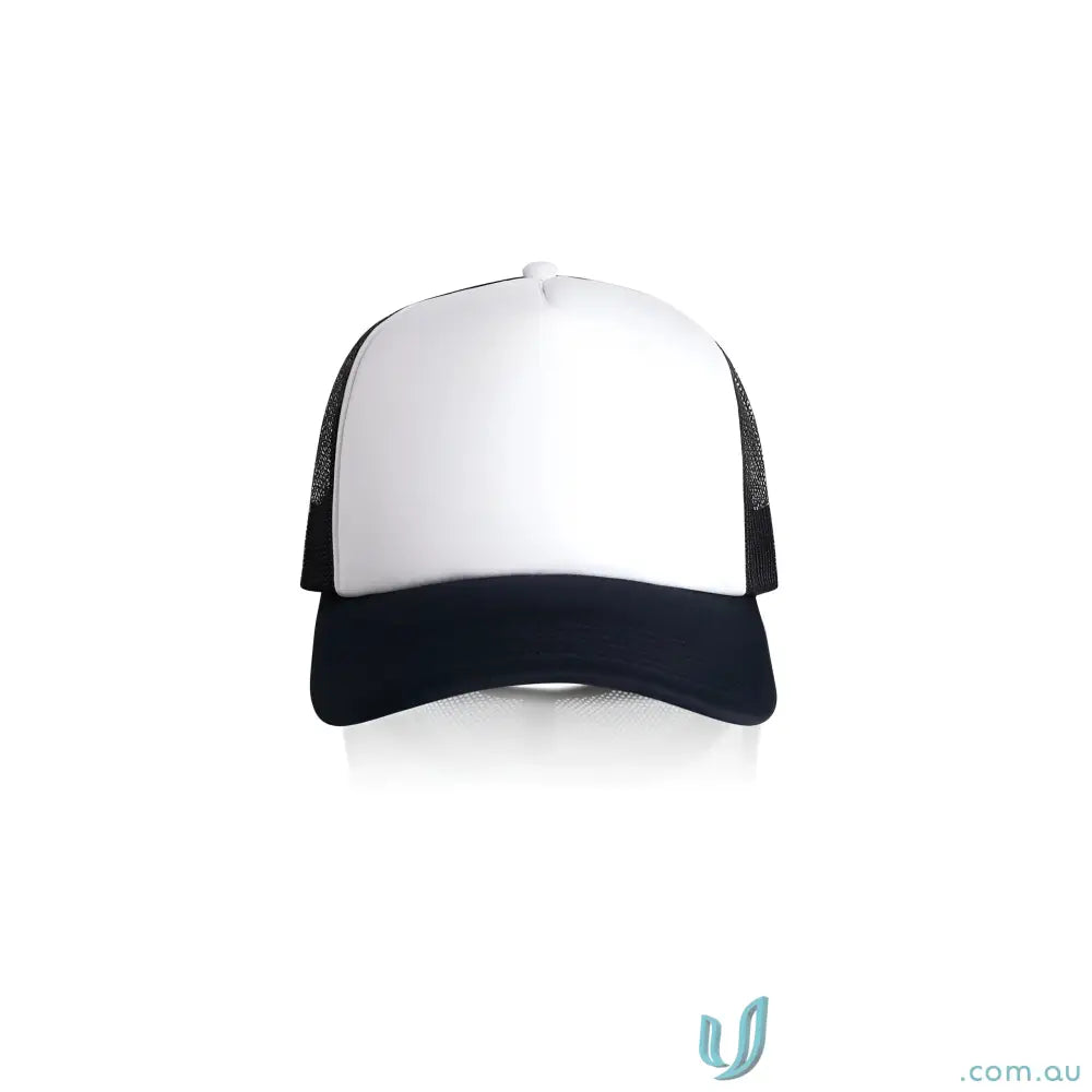 White trucker hat with black brim and recycled polyester mesh, curved peak, colour frame foam