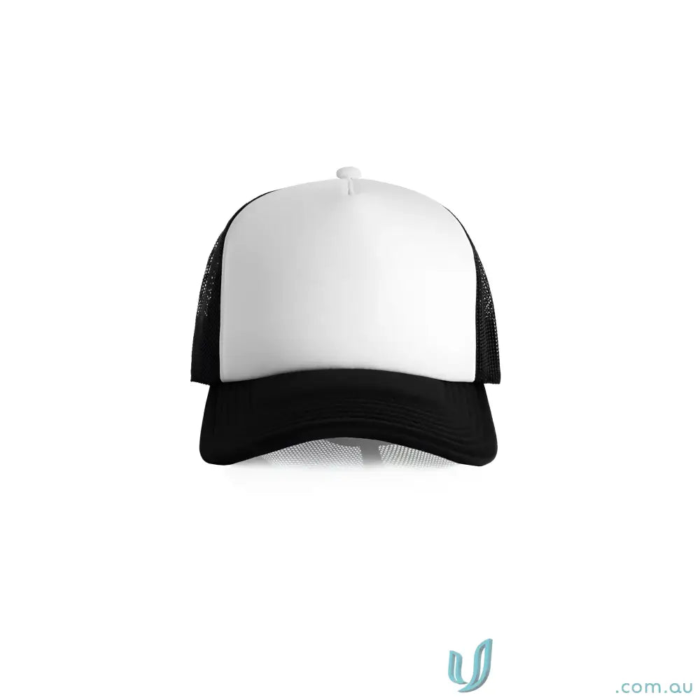 White-fronted black-billed trucker hat with black mesh sides and curved peak for style