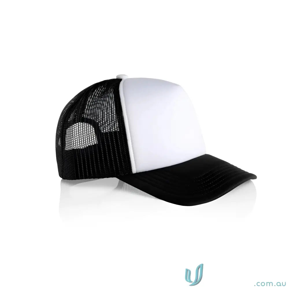 Black and white AS Colour Frame Foam two-tone trucker cap with curved peak and recycled polyester mesh